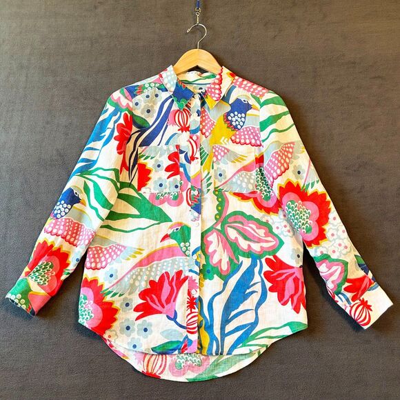 Boden Linen Button Front Blouse Women's Size 2 Bright Floral Tropical Bird Print - Picture 2 of 8